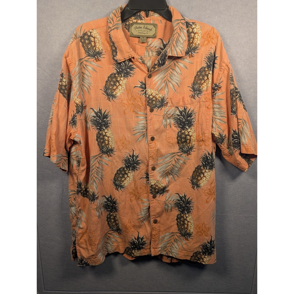 Palm Island Button Up Shirt Mens XL Orange Pineapple Tropical Cotton/Rayon Blend